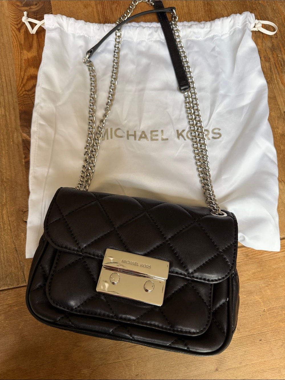 Michael Kors Black Quilted Leather Shoulder Bag with Silver Chain